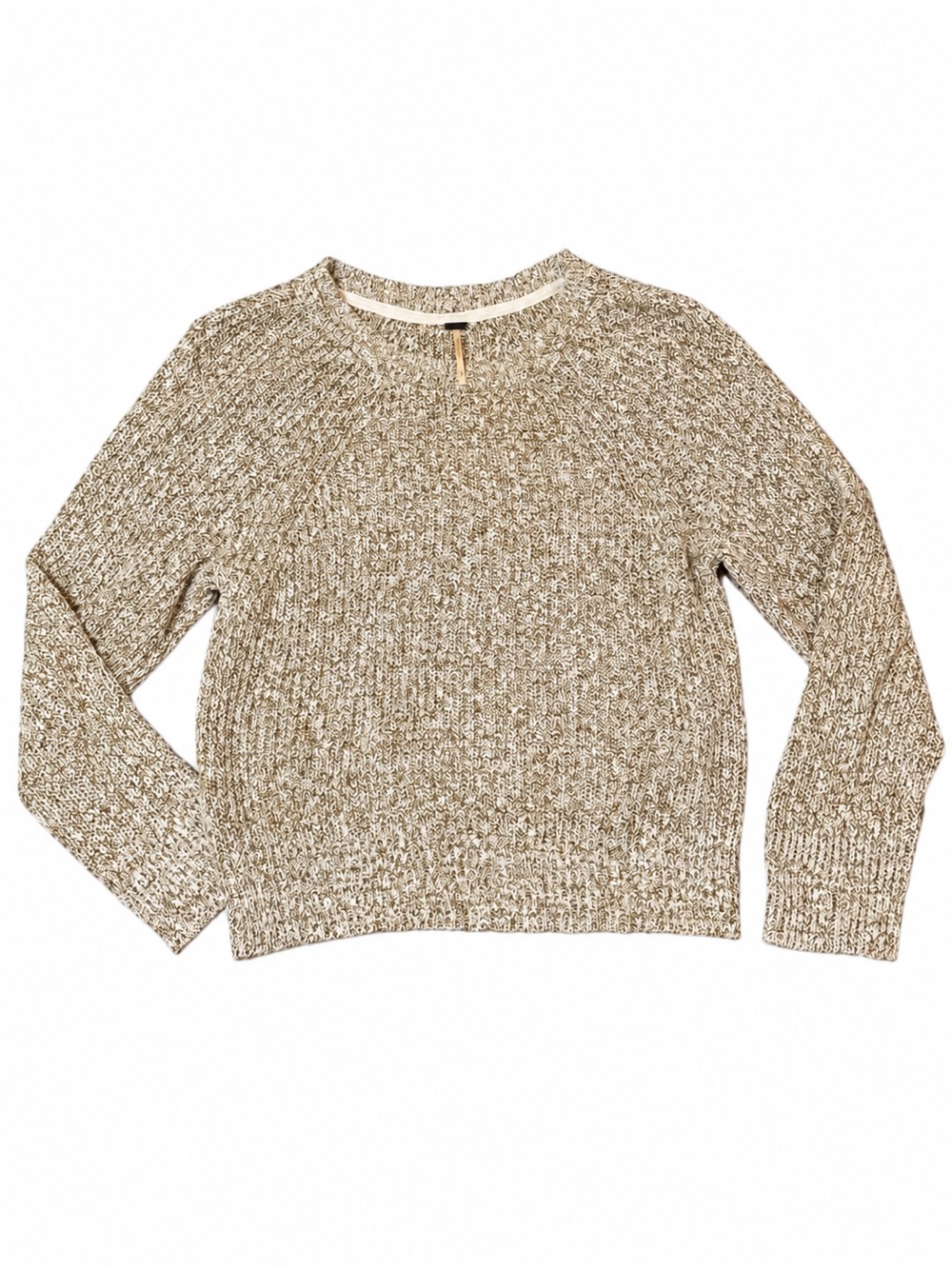 Free People Large Cream Gold Marled Textured Knit Crewneck Sweater
